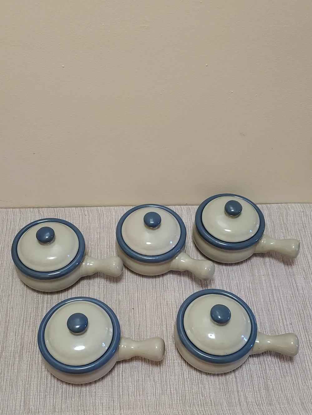 Set of 5 Blue stoneware soup crocks